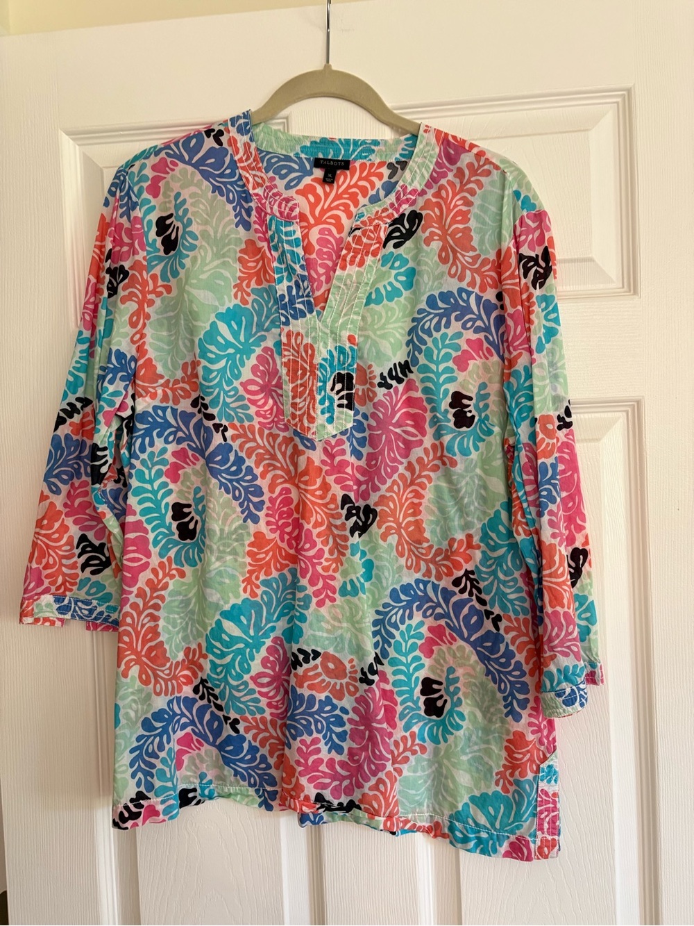 Talbots Multicolor Leaf-Print Tunic in Aqua, Pink & Blue